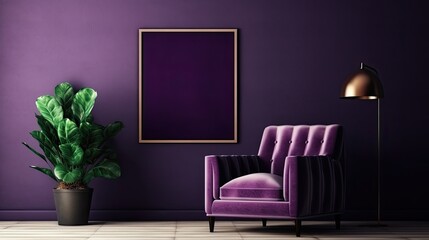 Mock up picture frame in the dark purple room interior with purple velvet sofa, realistic background with plant pot on small table