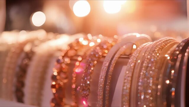 Closeup of a rack of glittering accessories, waiting to be paired with outfits.