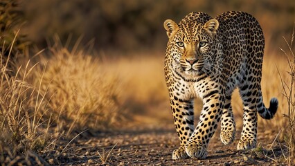 A leopard walks on a dirt path surrounded by tall grass.