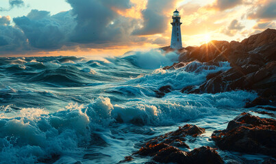 Dramatic scene of a lighthouse standing resilient against tumultuous sea waves under a stormy sky at sunset, symbolizing guidance and safety - obrazy, fototapety, plakaty