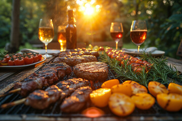  Easter Memories Grilled meat on barbecue grill with red wine in garden at sunset