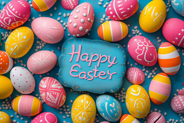 Fototapeta na wymiar Happy Easter greeting card with colorful easter eggs on blue background. Top-Down Egg Patterns