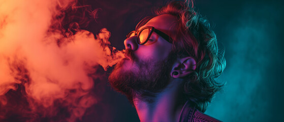 Vibrant Portrait of a Bearded Young Man in Glasses Exhaling Smoke in a Dramatic Red and Blue Light - obrazy, fototapety, plakaty