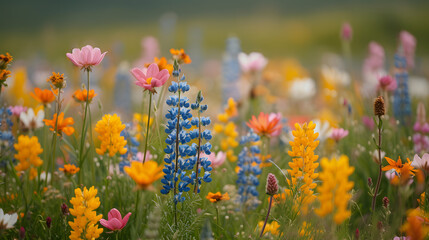 A prairie landscape, with vibrant wildflowers as the background, during the emergence of spring