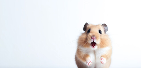 Surprised red hamster on a white background. Free space for product placement or advertising text.