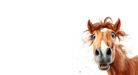 Surprised red horse portrait on a white background. Free space for product placement or advertising text.