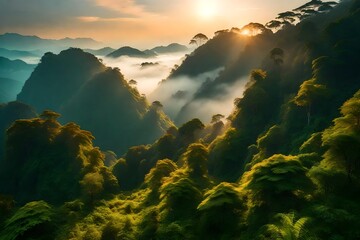 beautiful landscape nature of misty rain forest mountain in the morning. foggy flow from top hill...
