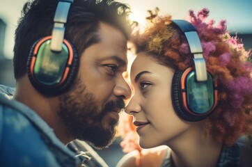 Affectionate couple portrait with headphones device. Romantic pair looking at each other portrait....