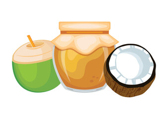 Coconut jam kaya in glass jar and fresh coconuts vector illustration. Glass of sweet coconut spread design element. Coconut jam jar icon set isolated on a white background