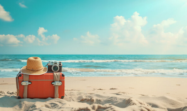 maleta de viaje con sombrero de playa y máquina de fotos en su parte superior, posada sobre arena dorada de una playa paradisiaca, mar azul de fondo en un día soleado de verano