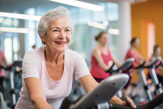 mujer senior jubilada haciendo ejercicio sobre una bicicleta estática en un gimnasio, sobre fondo desenfocado de sala de entrenamiento junto a otras mujeres