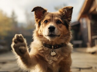 a dog raised its paw to say hello
