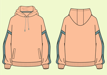 Ladies Athleisure Long Sleeve Drop Shoulder Oversize Hoodie with Side Pockets - Front and Back View - Vector Flat Sketch.