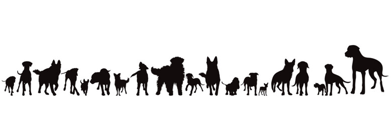 Set of vector silhouettes of different dogs on white background. Symbol of dog and pet.
