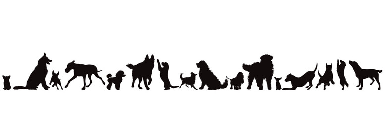 Set of vector silhouettes of different dogs in different positions on a white background. Dog and pet symbol. - 720225098