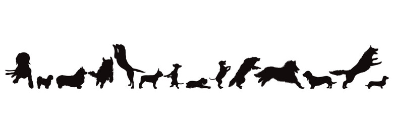 Set of vector silhouettes of different dogs in different positions on a white background. Dog and pet symbol.