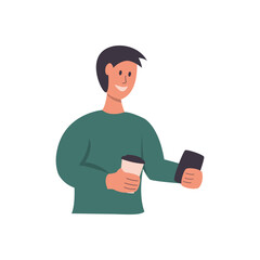 Man with coffee to go in hand and smartphone in other hand flat illustration