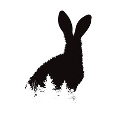 Vector silhouette of a hare with a forest on a white background. Symbol of wild animal, nature and abstract.