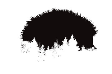 Vector silhouette of a hedgehog with a forest on a white background. Symbol of wild animal, nature and abstract.