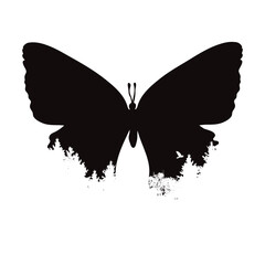 Vector silhouette of a butterfly with a forest on a white background. Symbol of wild animal, nature and abstract.
