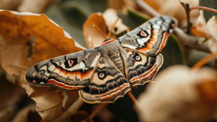 A vivid moth resting on autumn leaves