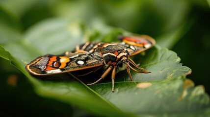 A colorful moth on a green leaf backdrop