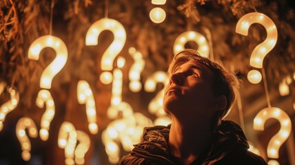 Person surrounded by glowing question marks in a warm, amber ambiance - obrazy, fototapety, plakaty