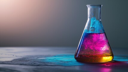 A flask with colorful chemical reaction on a table