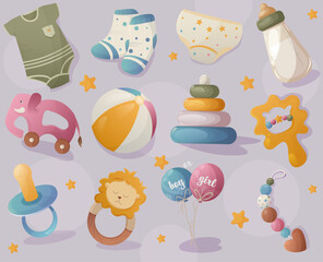 Baby items icons set vector. Cartoon style