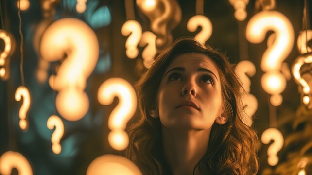 A woman surrounded by glowing question marks looking upwards