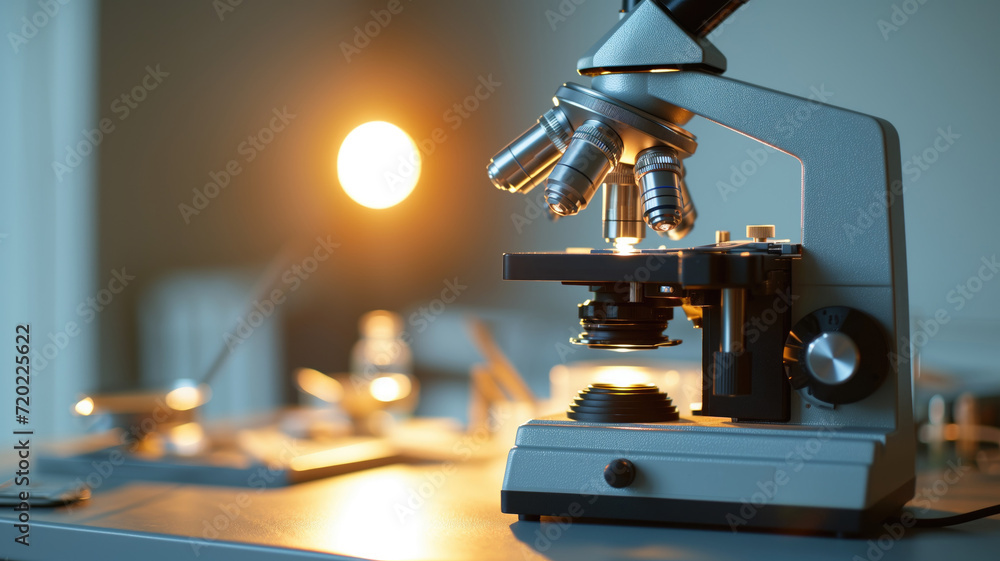 Poster a close-up of a modern microscope with a warm light in the background