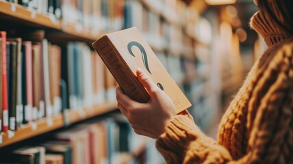 Hand holding a book with a question mark in a library - obrazy, fototapety, plakaty
