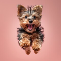 A happy jumping Yorkshire Terrier. light-pink Background