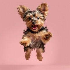 A happy jumping Yorkshire Terrier. light-pink Background