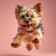 A happy jumping Yorkshire Terrier. light-pink Background