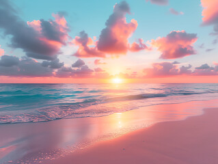 Obraz premium Beautiful sunset over a pink sandy beach and ocean. spectacular beach scene, beach travel view background