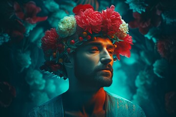 Bearded man wearing floral crown. Masculine model blossoming flowery garland. Generate ai