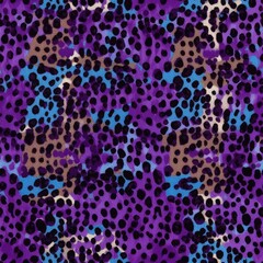 Mixed Leopard Spots with Purple Highlights. A vibrant pattern of mixed leopard spots with purple and blue highlights.