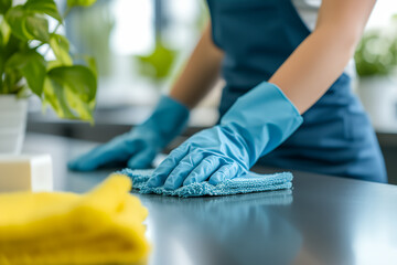 Woman hands in rubber gloves dusting wooden table, kitchen room interior. Cleaning home concept