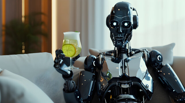 Cinematic photograph of robot having a drink AI. Smart robots. Future.