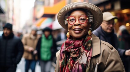 Obraz premium Chinatown Chronicles: Joyful Moments on Urban Streets. Joyful African American woman experiencing the vibrancy of Chinatown.