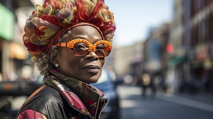 Chinatown Chronicles: Joyful Moments on Urban Streets. Joyful African American woman experiencing the vibrancy of Chinatown.