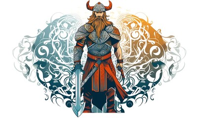 a Viking warrior with elements of ancient Slavic ornament and runes, full length, vector, limited number of colors, very simple, high quality, white background. Generative Ai