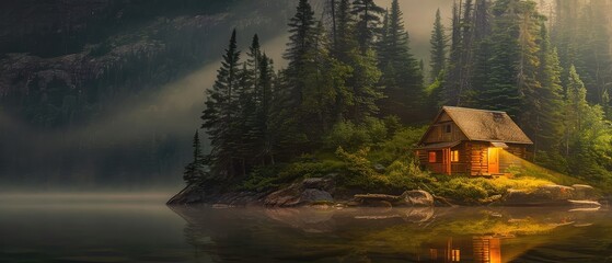 A lonely house on the island of a mountain lake