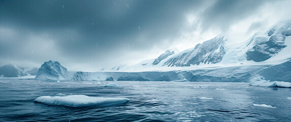 Fototapeta premium Iceberg in Arctic Ocean with Seascape with Ice Glaciers Wallpaper Background Poster Illustration Digital Art Cover Card