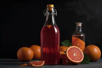 colored glass bottle half filled with orange beverage. Generative AI