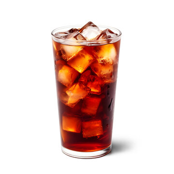 Tall glass with cold cola and ice cubes isolated on white background. Generative Ai.