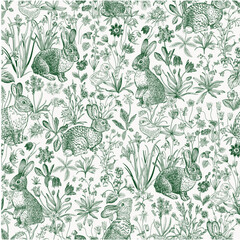 Lawn. Seamless pattern. Vintage vector illustration. Bunnies and chickens are among the flowers. Green and white