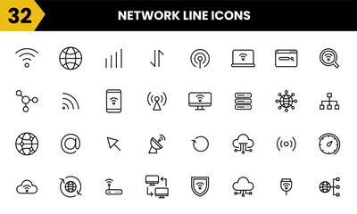 Internet network line vector icon set. This set includes various elements such as globe, computer, information, connection, technology and etc. Simple icon graphic symbol design