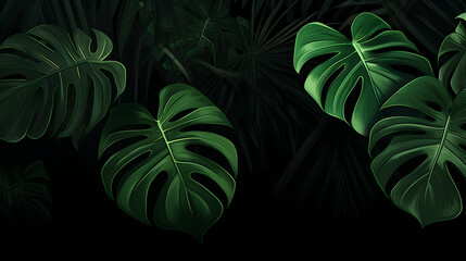 Green tropical leaves background,,
Tropical monstera leaf on black background. Creative minimal summer concept.